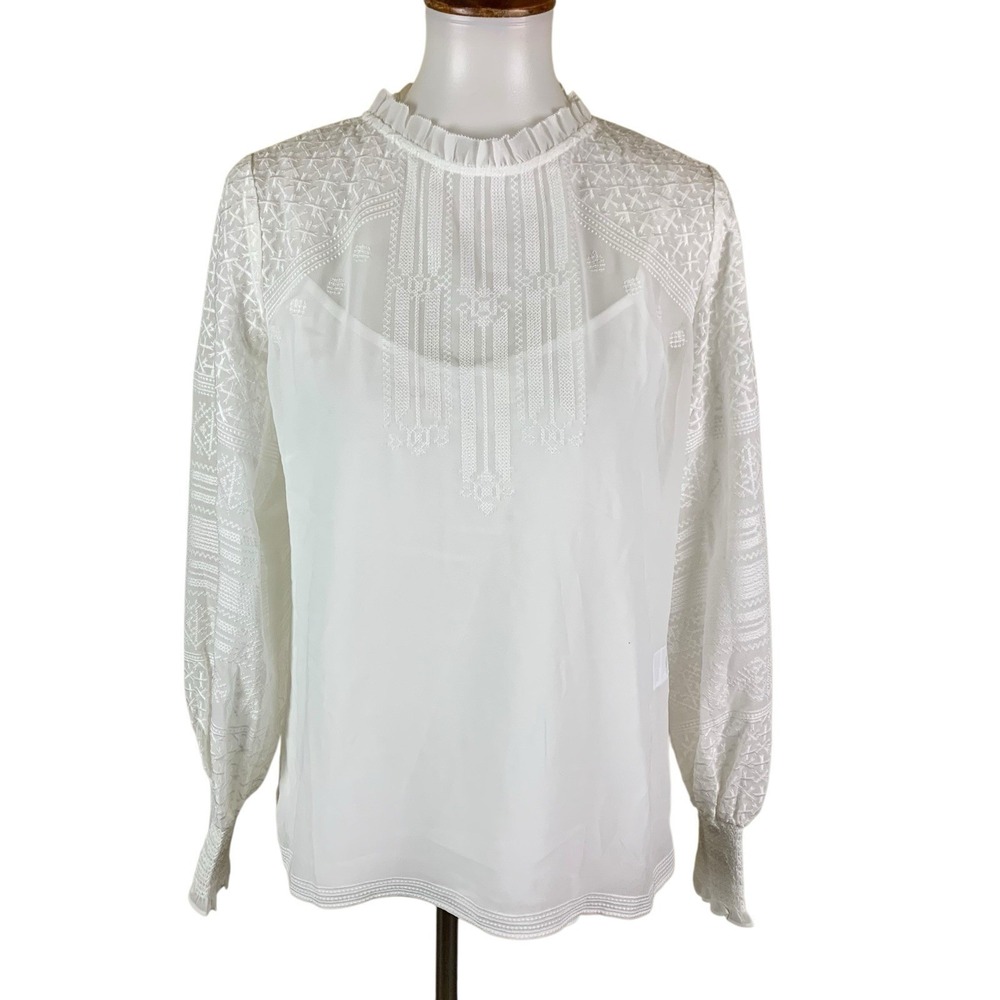 White House Black Market White Lace Sheer Sleeve Blouse Romantic‎ Boho Size 6